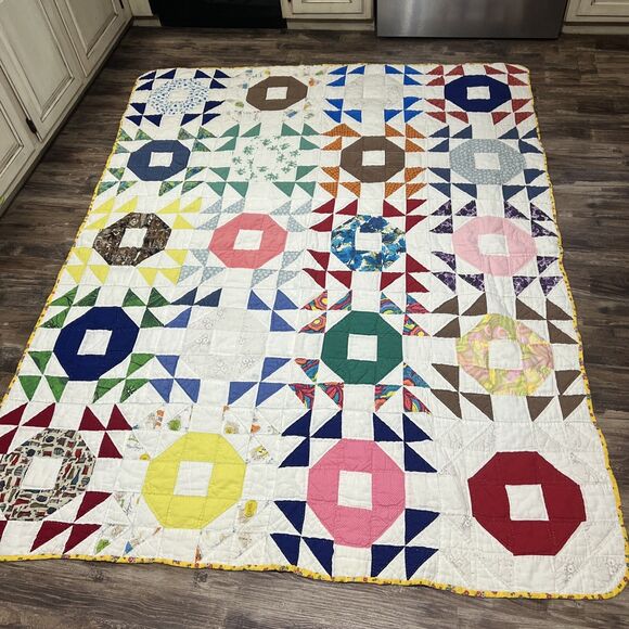 Vintage Antique Patchwork Quilt Display 63x82 Pink Blue Feedsack - Picture 1 of 13